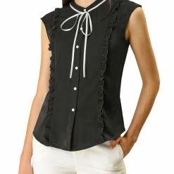 Allegra K Tie Neck Sleeveless Ruffle Button Down Chiffon Shirt Clothing 66 Allegra K Tie Neck Sleeveless Ruffle Button Down Chiffon Shirt Clothing