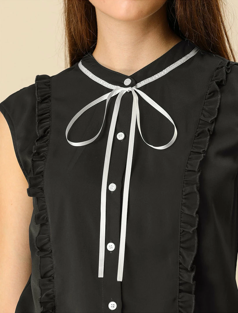 Allegra K Tie Neck Sleeveless Ruffle Button Down Chiffon Shirt Clothing 27 Allegra K Tie Neck Sleeveless Ruffle Button Down Chiffon Shirt Clothing