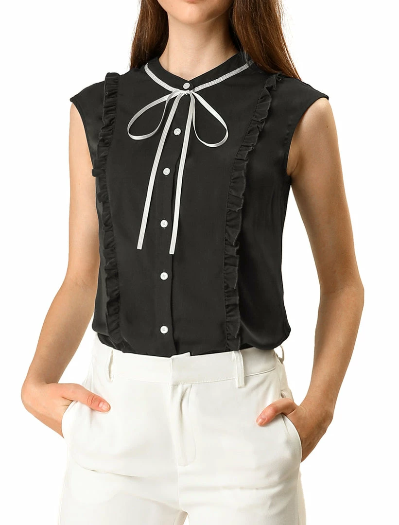 Allegra K Tie Neck Sleeveless Ruffle Button Down Chiffon Shirt Clothing 22 Allegra K Tie Neck Sleeveless Ruffle Button Down Chiffon Shirt Clothing