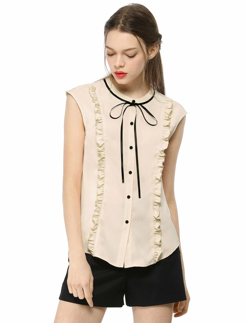 Allegra K Tie Neck Sleeveless Ruffle Button Down Chiffon Shirt Clothing 18 Allegra K Tie Neck Sleeveless Ruffle Button Down Chiffon Shirt Clothing