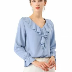 Allegra K Ruffle V Neck Bracelet Sleeve Vintage Peasant Chiffon Blouse Women