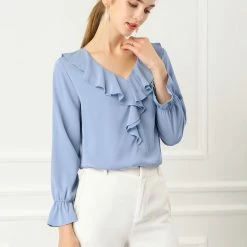 Allegra K Ruffle V Neck Bracelet Sleeve Vintage Peasant Chiffon Blouse Women