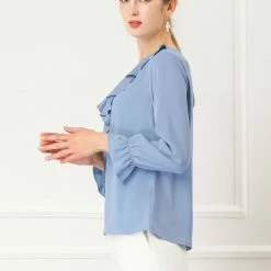 Allegra K Ruffle V Neck Bracelet Sleeve Vintage Peasant Chiffon Blouse Women