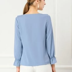 Allegra K Ruffle V Neck Bracelet Sleeve Vintage Peasant Chiffon Blouse Women