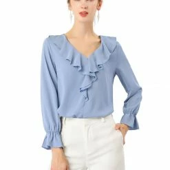Allegra K Ruffle V Neck Bracelet Sleeve Vintage Peasant Chiffon Blouse Women
