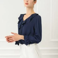Allegra K Ruffle V Neck Bracelet Sleeve Vintage Peasant Chiffon Blouse Women