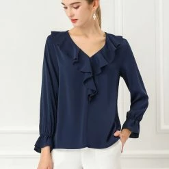 Allegra K Ruffle V Neck Bracelet Sleeve Vintage Peasant Chiffon Blouse Women