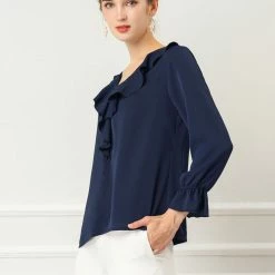 Allegra K Ruffle V Neck Bracelet Sleeve Vintage Peasant Chiffon Blouse Women