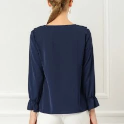 Allegra K Ruffle V Neck Bracelet Sleeve Vintage Peasant Chiffon Blouse Women