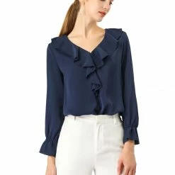 Allegra K Ruffle V Neck Bracelet Sleeve Vintage Peasant Chiffon Blouse Women