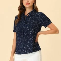 Allegra K Women's Polka Dots Short Sleeve Bow Tie Peter Pan Collar Chiffon Blouse