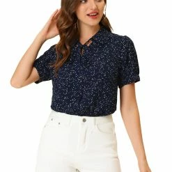 Allegra K Women's Polka Dots Short Sleeve Bow Tie Peter Pan Collar Chiffon Blouse