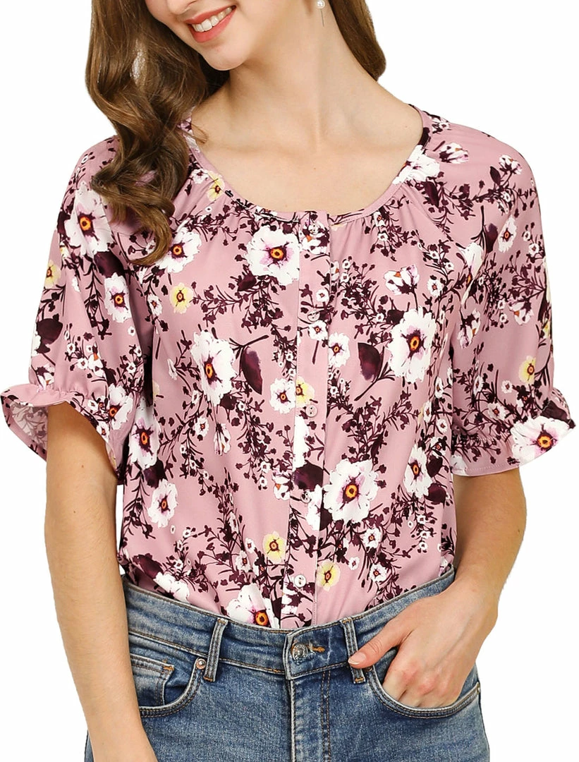 Allegra K Women's Cute Floral Print Button Down Shirt Scoop Neck Ruffled Sleeves Casual Blouse 9 Allegra K Women's Cute Floral Print Button Down Shirt Scoop Neck Ruffled Sleeves Casual Blouse