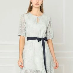 Allegra K Women's Summer Lace Half Sleeves Tie Waist Flare A-Line Dress