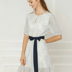 Allegra K Women's Summer Lace Half Sleeves Tie Waist Flare A-Line Dress