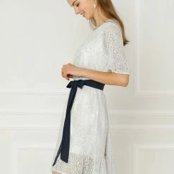 Allegra K Women's Summer Lace Half Sleeves Tie Waist Flare A-Line Dress