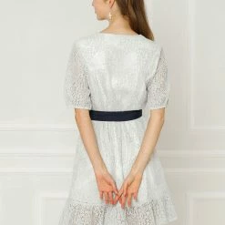 Allegra K Women's Summer Lace Half Sleeves Tie Waist Flare A-Line Dress