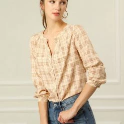 Allegra K Women's Button Up Long Sleeve Shirt Casual Split Neck Plaid Blouse Tops 53 Allegra K Women's Button Up Long Sleeve Shirt Casual Split Neck Plaid Blouse Tops