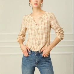 Allegra K Women's Button Up Long Sleeve Shirt Casual Split Neck Plaid Blouse Tops 54 Allegra K Women's Button Up Long Sleeve Shirt Casual Split Neck Plaid Blouse Tops