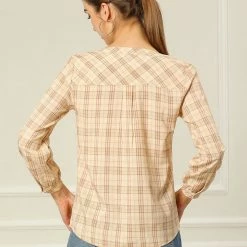 Allegra K Women's Button Up Long Sleeve Shirt Casual Split Neck Plaid Blouse Tops 56 Allegra K Women's Button Up Long Sleeve Shirt Casual Split Neck Plaid Blouse Tops