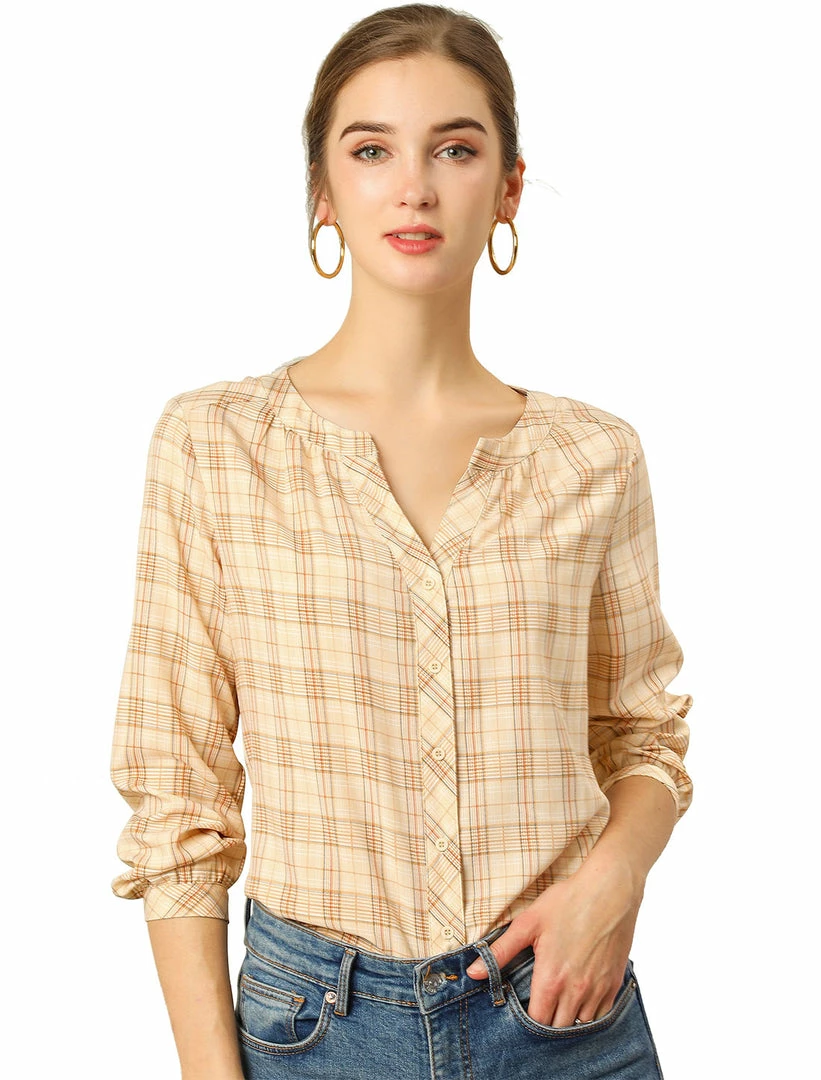 Allegra K Women's Button Up Long Sleeve Shirt Casual Split Neck Plaid Blouse Tops 22 Allegra K Women's Button Up Long Sleeve Shirt Casual Split Neck Plaid Blouse Tops