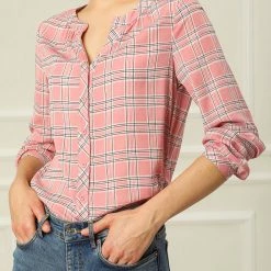 Allegra K Women's Button Up Long Sleeve Shirt Casual Split Neck Plaid Blouse Tops 41 Allegra K Women's Button Up Long Sleeve Shirt Casual Split Neck Plaid Blouse Tops