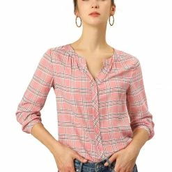 Allegra K Women's Button Up Long Sleeve Shirt Casual Split Neck Plaid Blouse Tops 40 Allegra K Women's Button Up Long Sleeve Shirt Casual Split Neck Plaid Blouse Tops