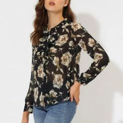 Allegra K Long Sleeve Ruffle Collar Button Down Floral Shirt