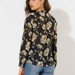 Allegra K Long Sleeve Ruffle Collar Button Down Floral Shirt