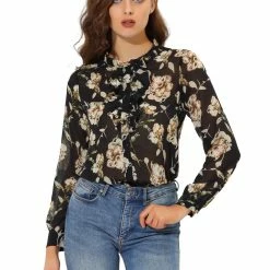 Allegra K Long Sleeve Ruffle Collar Button Down Floral Shirt