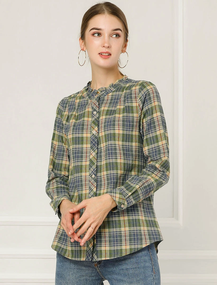 Allegra K Plaid Long Sleeve Ruffle Neck Button Down Shirt 5 Allegra K Plaid Long Sleeve Ruffle Neck Button Down Shirt