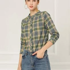 Allegra K Plaid Long Sleeve Ruffle Neck Button Down Shirt 24 Allegra K Plaid Long Sleeve Ruffle Neck Button Down Shirt