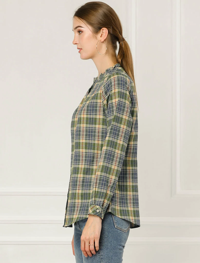 Allegra K Plaid Long Sleeve Ruffle Neck Button Down Shirt 7 Allegra K Plaid Long Sleeve Ruffle Neck Button Down Shirt