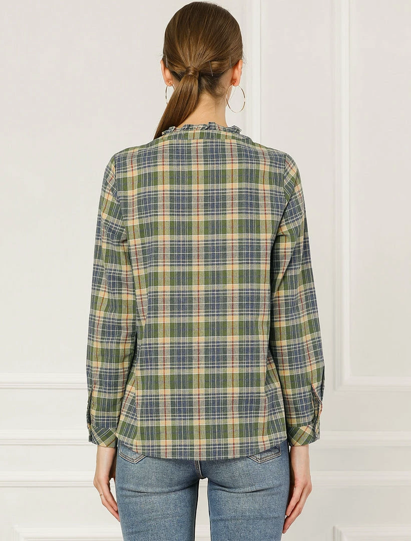 Allegra K Plaid Long Sleeve Ruffle Neck Button Down Shirt 8 Allegra K Plaid Long Sleeve Ruffle Neck Button Down Shirt