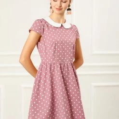 Allegra K Peter Pan Collar Contrast Polka Dot Dress Women