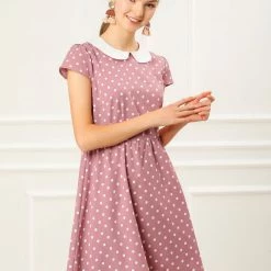 Allegra K Peter Pan Collar Contrast Polka Dot Dress Women