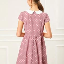 Allegra K Peter Pan Collar Contrast Polka Dot Dress Women