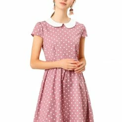 Allegra K Peter Pan Collar Contrast Polka Dot Dress Women