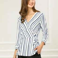Allegra K Women's Striped Work 3/4 Sleeves V Neck Peplum Top