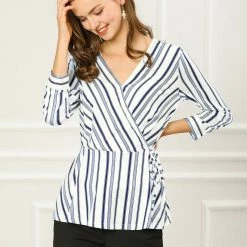 Allegra K Women's Striped Work 3/4 Sleeves V Neck Peplum Top