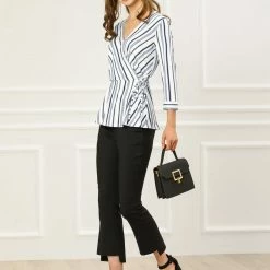 Allegra K Women's Striped Work 3/4 Sleeves V Neck Peplum Top