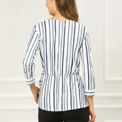 Allegra K Women's Striped Work 3/4 Sleeves V Neck Peplum Top