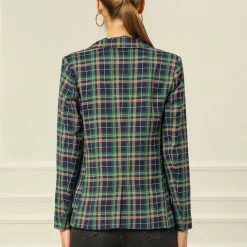 Allegra K Women's Notched Lapel Double Breasted Plaid Suit Blazer