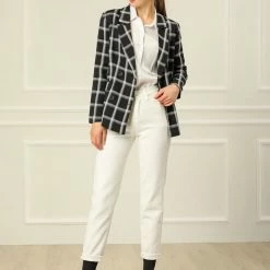 Allegra K Women's Notched Lapel Double Breasted Plaid Suit Blazer