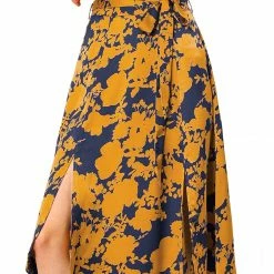 Allegra K Women's High Elastic Waist Belted Slit A-Line Midi Floral Print Skirt