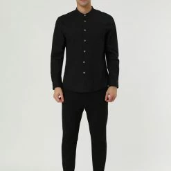 Allegra K Men Banded Collar Shirt Washed Cotton Long Sleeve Casual Button Down Shirts