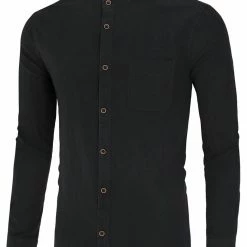 Allegra K Men Banded Collar Shirt Washed Cotton Long Sleeve Casual Button Down Shirts