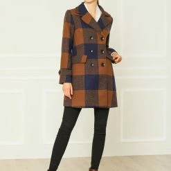 Allegra K Women's Notched Lapel Double Breasted Winter Plaids Coat