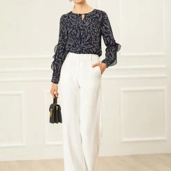 Allegra K Women's Ruffle Trim Long Sleeve Vintage Tops Keyhole Neck Floral Blouse