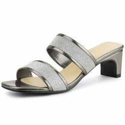 Allegra K Women's Rhinestone Square Toe Block Heel Slide Sandals Shoes